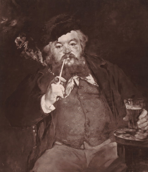 Reproduction of Le Bon Bock by Édouard Manet, Le Bon Bock, reproduction, page, photomechanical print, inscription: 'Galerie Contemporaine, Littéraire, Artistique, 126, boulevard de Magenta, Paris', photographer: Anatole Louis Godet, cliché maker: Goupil & Cie., after design by Edouard Manet, c. 1871 - in or before 1876, paper, Woodburytype, Woodburytypepie, height 176 mm x width 152 mm, adult man, pipe, tobacco, painting, drawing and the graphic arts, A seated bearded man wearing a dark coat and a hat holds a long smoking pipe to his mouth with one hand while a plume of smoke rises beside his head, and his other hand holds a tall glass resting on a small round table; his clothing includes a vest and a loosely tied neckerchief, and the scene is rendered in a muted, monochrome palette.