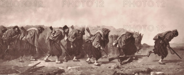 Les Zouaves a la tranchée, Reproduction of Les Zouaves a la tranchée by Isidore Pils, reproduction, page, photomechanical print, inscription: 'Galerie Contemporaine, Littéraire, Artistique, 126, boulevard de Magenta, Paris', photographer: Charles Michelez, cliché maker: Goupil & Cie., after design by Isidore Pils, c. 1871 - c. 1877, paper, Woodburytype, Woodburytypepie, height 108 mm x width 252 mm, the soldier, the soldier's life, trenches, painting, drawing and the graphic arts, A horizontal grayscale scene shows a line of hooded figures walking across rough ground, each wearing long cloaks and carrying long rifles or staffs slung over their shoulders; their heads are bowed and their feet are wrapped in cloth, with some figures leaning forward more than others. The background is an indistinct, cloudy sky above a low, textured horizon, and the foreground contains scattered sticks and small patches of lighter ground; the figures form a continuous procession from left to right, with the...