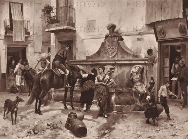 Reproduction of La fontaine du taureau a Grenade by Jules Worms, La fontaine du taureau a Grenade, reproduction, page, photomechanical print, inscription: 'Worms, Galerie Contemporaine, Ludovic Baschet, éditeur., 126 boul. Magenta.', cliché maker: Goupil & Cie., after design by Jules Worms, c. 1873 - in or before 1878, photographer, paper, Woodburytype, Woodburytypepie, height 178 mm x width 246 mm, ornamental fountain, painting, drawing and the graphic arts, A street scene showing a stone fountain with decorative crest and carved lion heads, women and children gathered around filling and carrying jugs, a man seated on a horse near the fountain, another man leaning over to drink from the fountain, a woman carrying a large vessel on her shoulder, a dog standing in the foreground, overturned barrels and scattered pottery on the ground, balconies with potted plants and draped fabric on the building facades, an open doorway with people inside and men standing by a shop entrance.