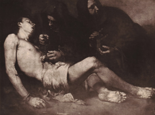 Saint Sebastien, Reproduction of Saint Sebastien by Théodule Augustin Ribot, reproduction, page, photomechanical print, inscription: 'Galerie Contemporaine, 126, boul. Magenta. - Paris., boul. Magenta.', cliché maker: Goupil & Cie., after design by Théodule Augustin Ribot, c. 1874 - in or before 1879, photographer, paper, Woodburytype, Woodburytypepie, height 195 mm x width 256 mm, painting, drawing and the graphic arts, the martyr Sebastian, possible attributes: arrow(s), bow, tree-trunk, A reclining partially draped male figure shown from the side with head tilted back and mouth slightly open, pale skin contrasted against a dark background, visible arms and torso with a wound on the abdomen and a cloth around the hips, hands and feet splayed and resting on the ground, two hooded figures leaning over him with shadowed faces and visible hands holding small objects, the scene rendered in muted monochrome tones with high contrast between lighted flesh and deep shadows.