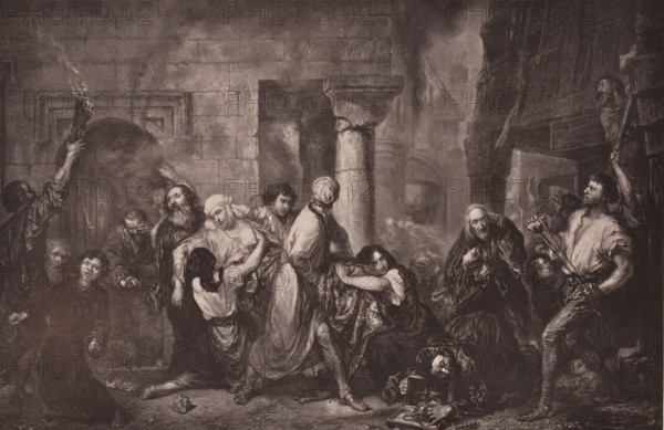 Reproduction of Incendie d'un Quartier Juif by Joseph-Nicolas Robert-Fleury, reproduction, page, photomechanical print, inscription: 'Galerie Contemporaine, Ludovic Baschet, éditeur., 126, boul. Magenta.', cliché maker: Goupil & Cie., after design by Joseph Nicolas Robert-Fleury, c. 1874 - in or before 1879, Goupil & Cie., Joseph Nicolas Robert-Fleury, photographer, cliché maker, after design by, paper, Woodburytype, Woodburytypepie, height 171 mm x width 258 mm, historical persons, painting, drawing and the graphic arts, open fire (in general), A dark, dramatic scene showing a crowded interior with a stone wall and columns in the background and many figures clustered across the foreground, including a central woman wearing a light head covering held by others, a standing figure seen from the back in a long garment, a seated young woman with long dark hair clutching fabric, an elderly bearded man leaning forward with a concerned expression, and a muscular man on the right holding a bun...