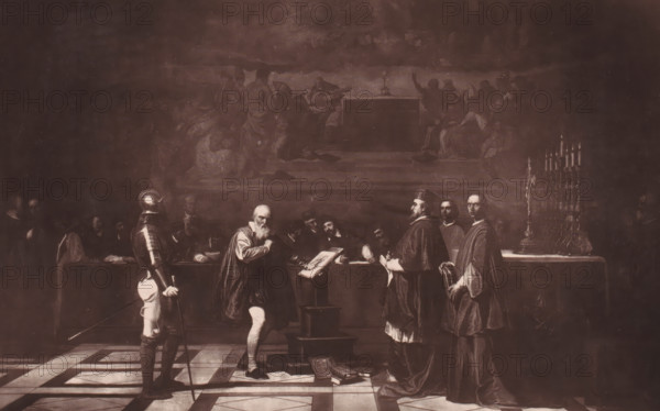 Reproduction of Galilée devant le Saint-Office by Joseph-Nicolas Robert-Fleury, Galilée devant le Saint-Office (Collection Pillet-Will), reproduction, page, photomechanical print, inscription: 'Galerie Contemporaine, Ludovic Baschet, éditeur., 126, boul. Magenta.', cliché maker: Goupil & Cie., after design by Joseph Nicolas Robert-Fleury, c. 1874 - in or before 1879, photographer, paper, Woodburytype, height 158 mm x width 249 mm, New Testament, painting, drawing and the graphic arts, A dimly lit scene shows a group of men gathered in a grand interior with a patterned floor and a raised table or altar at the back. In the foreground a bearded man in period clothing stands at a lectern with an open book, facing a row of formally dressed men, some wearing robes and one in a helmet and armor holding a long staff or spear. Several books and papers lie on the floor near the lectern. Behind the central figures, other seated and standing figures form a shadowed audience, and a tall ornate cand...