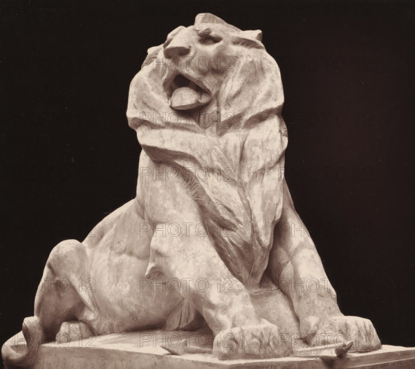 Model for the sculpture 'Le lion de Belfort' by Frédéric Auguste Bartholdi, Le lion de Belfort, page, photomechanical print, photographer: Pierre Petit, cliché maker: Goupil & Cie., after sculpture by Frédéric Auguste Bartholdi, c. 1878 - in or before 1883, Frédéric Auguste Bartholdi, after sculpture by, paper, Woodburytype, height 206 mm x width 238 mm, sculpture, A close-up view of a stone sculpture of a reclining lion with a prominent mane and open mouth showing its tongue, carved musculature and fur texture visible across the body, paws resting on a base with a smooth surface, the statue shown against a dark background.