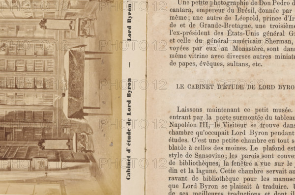 Cabinet d'étude de Lord Byron, Lord Byron's Study, Photographic reproduction of a drawing of Lord Byron's study in the monastery of San Lazzaro degli Armeni, Venice, photograph, reproduction, page, number: '15', after drawing by anonymous, c. 1874 - in or before 1879, photographer, after drawing by, paper, albumen print, height 89 mm x width 130 mm, Photo on unnumbered page opposite page 15., study, 'studiolo', library, San Lazzaro degli Armeni, The image shows a worn, sepia-toned printed page split vertically; the left side displays an illustration of an interior with tall bookshelves filled with books, an ornate table covered with a patterned cloth, and decorative chairs with carved details, while the right side shows aged paper with blocks of printed lines and visible foxing and discoloration.