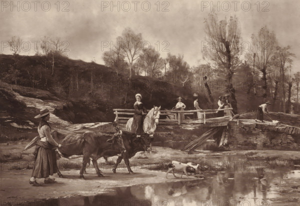 Le gué de Las-Laudiès, le jour du marché d'Aurillac, Photo reproduction of the painting 'Le gué de Las-Laudiès, le jour du marché d'Aurillac' by Léon Barillot, reproduction, page, photomechanical print, photographer: Boussod, Valadon & Cie., cliché maker: anonymous, after painting by Léon Barillot, c. 1879 - in or before 1884, paper, Woodburytype, height 180 mm x width 251 mm, bridge in village across river, canal, A rural scene with tall, leafless trees on a hillside and a wooden footbridge spanning a shallow stream, a woman seated sideways on a light-colored horse near the bridge wearing a bonnet and dark dress, a second woman leading two oxen across the foreground while wearing a wide-brimmed hat and long skirt, two small dogs walking beside the cattle, several women standing on and near the bridge in long skirts and hats, a woman at the far right leaning over the bridge holding a rope attached to a small animal, rocky banks and reflections in the water, and a distant wooded landsca...