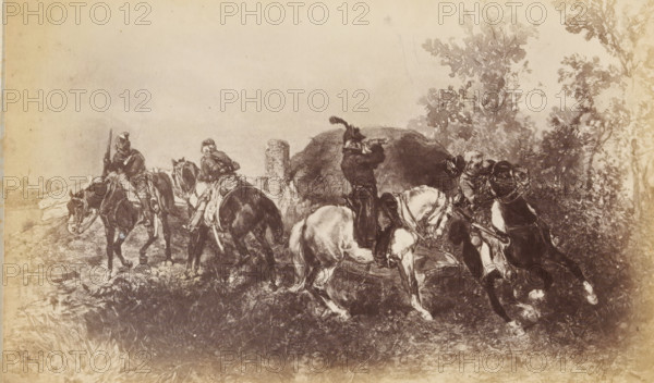 Photo reproduction of the painting 'Vanguard' by Charles Rochussen, photograph, reproduction, page, photographer: Binger & Chits, after painting by Charles Rochussen, c. 1866 - in or before 1871, paper, albumen print, height 125 mm x width 203 mm, the soldier, the soldier's life, A sepia-toned scene showing several mounted riders and horses moving across uneven ground with foliage and trees on one side and a low stone structure or wall nearby; riders wear varied headgear and cloaks and one rider raises an arm to his face while another holds a long pole; horses appear in different poses, some with heads lowered and some rearing or stepping, with visible saddles and bridles; the foreground shows rough grass and dirt, and the background fades into a pale sky.