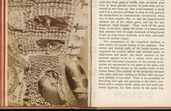 Ossuary of the Santa Maria della Concezione dei Cappuccini in Rome, Roma - Ossario nel Convento dei Cappuccini (XVII Secolo) 3 cappella, photograph, page, number: '191.', Santa Maria della Concezione dei Cappuccini, c. 1855 - in or before 1860, photographer, Rome, paper, albumen print, height 105 mm x width 155 mm, Photo on page 233., charnelhouse, ossuary, An open book spread shows a sepia photograph on the left page and a column of printed text on the right page; the photograph depicts walls and arches densely lined with human skulls and bones arranged in patterns, with two robed figures standing among the skulls and one reclining skeletal figure visible in a recess, all rendered in muted brown tones; the book binding and page edges are visible along the left and bottom margins.