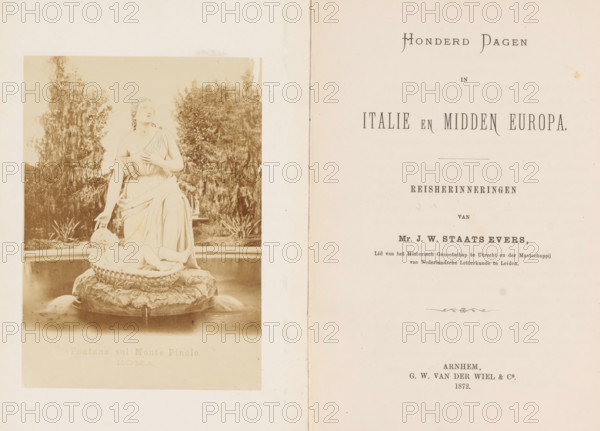 Fountain of Moses in the Villa Borghese in Rome, Fontana sul Monte Pincio, Roma, photograph, page, Rome, after sculpture by anonymous, c. 1867 - in or before 1872, photographer, after sculpture by, paper, albumen print, height 136 mm x width 98 mm, Photo opposite title page., public gardens, park, ornamental fountain, Villa Borghese, A sepia photograph of a classical statue on the left page shows a seated draped female figure with one hand raised to her chest and the other resting near a reclining child figure in a woven basin set on a carved stone pedestal, surrounded by water with part of a fountain edge visible; behind the statue are tall, dense trees and foliage. On the right page there is a mostly blank cream-colored sheet with centered printed lines of various sizes and styles and a small decorative flourish near the lower center, all on aged paper with slight stains and a vertical crease near the inner margin.