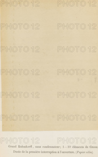 Registration of electricity waves generated by a spark inductor, Grand Ruhmkorff, sans condensateur, 1-10 éléments de Grove. Durée de la première interruption à l'ouverture (Papier vélin), photograph, page, number: 'Pl. V*.', inscription: 'Durée de la première interruption à l'ouverture. (Papier vélin).', photographer: Willem Cornelis van Dijk, c. 1865 - in or before 1870, paper, albumen print, height 153 mm x width 115 mm, Photo on ninth unnumbered page after page 368., electrical phenomena, A large rectangular sheet of aged paper fills most of the image, showing a pale beige color with subtle variations, faint smudges, and small blemishes across its surface; the left edge of the sheet displays a vertical row of small indentations and a slightly darker margin, while the bottom portion of the image reveals a lighter strip of paper beneath the main sheet.