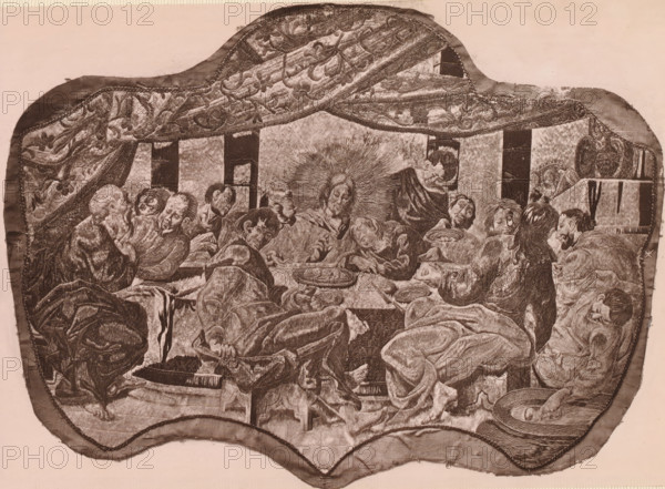 Part of a silk embroidery depicting the Last Supper, A piece of silk embroidery, representing the 'Lord's Supper', page, photomechanical print, number: 'No. 680.', inscription: 'Lent by Monsieur Spitzer.', photographer: Isabel Agnes Cowper, United Kingdom, cliché maker: anonymous, after design by anonymous, c. 1869 - in or before 1874, Isabel Agnes Cowper, photographer, cliché maker, after design by, paper, Woodburytype, height 150 mm x width 215 mm, (other forms of) needlework, eg: crocheting, knitting, embroidering, A monochrome depiction shows a group of people gathered around a long table beneath a patterned draped canopy. Figures with varied hairstyles and facial hair are seated closely, some leaning, some reclining, many with eyes closed or looking downward. One central figure has a radiating halo-like pattern around the head. Plates and bowls with food rest on the table, and hands reach toward them. Drapery and textured fabrics cover the floor and the figures, with folds and lay...