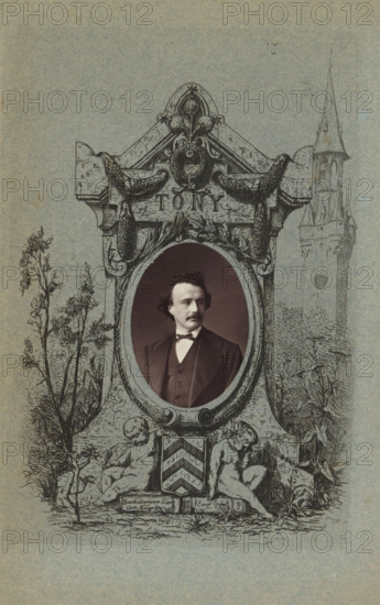 Portrait of Anton Bergmann, page, photomechanical print, c. 1871 - in or before 1875, paper, Woodburytype, height 69 mm x width 49 mm, Print opposite title page., Person, Anton Bergmann, portrait of a writer, An ornate engraved frame with a decorative top and floral and feather motifs surrounds an oval photograph of a man in a dark suit and bow tie, his hair dark and wavy and his expression neutral as he looks slightly to one side; the frame rests on a carved base flanked by two reclining cherubic figures and plant drawings, with tall slender trees on one side and a tall pointed tower sketched in the background on the other.