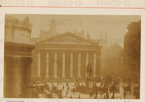 View of the Royal Exchange in London, View of the Royal Exchange, photograph, page, inscription: 'POULTON'S SERIES., To face p.210.', photographer: Poulton, London, c. 1870 - c. 1890, Poulton, photographer, paper, albumen print, height 88 mm x width 143 mm, street, Exchange, Bourse, Royal Exchange (1844-1939), A sepia-toned street scene showing a large classical building with a triangular pediment decorated with sculpted figures and a row of tall columns along its facade, a mounted statue on a high plinth positioned in front of the building, a crowd of people and numerous horse-drawn carriages gathered in the open area before the steps, flanked by multi-story buildings lining the street on the right and a rounded columned structure visible on the left, with lampposts and distant towers faintly visible through a hazy atmosphere.