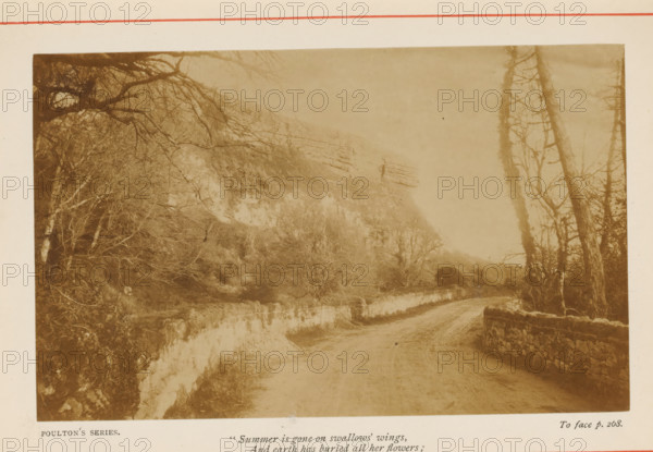 Mountain landscape with road, photograph, page, inscription: 'POULTON'S SERIES., To face p.268., 'Summer is gone on swallows' wings, And earth has buried all her flowers, No more the lark and linnet sings, But silence sit in faded bowers.'', photographer: Poulton, c. 1870 - c. 1890, paper, albumen print, albumendruk, height 88 mm x width 142 mm, public road, mountains, A sepia-toned photograph showing a winding dirt road running alongside a low stone wall, with leafless trees and tangled branches on both sides, a steep rocky hillside rising to the left with exposed strata, and a darker tunnel-like opening or arch visible ahead where the road curves.