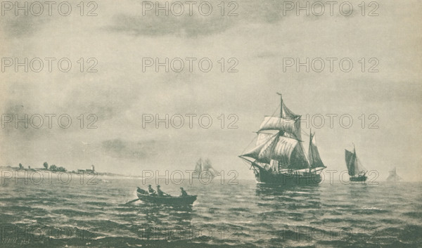 Reproduction of a painting of a seascape with ships off the coast, reproduction, page, photomechanical print, photographer: J. Joop, cliché maker: Adolf Türcke, after painting by anonymous, Munich, c. 1886 - in or before 1891, printer (person), Bavaria, paper, autotypie, height 113 mm x width 190 mm, Print on unnumbered page., sailing-ship, sailing-boat, sea (seascape), A seascape showing several sailing vessels on calm water under a wide, cloudy sky. A large ship with multiple sails is prominent toward the right, its sails partly unfurled and reflected on the water. Smaller sailboats are scattered in the distance, and a rowboat with people aboard is closer to the foreground. A low shoreline with small trees and a structure is visible along the left horizon. The overall image has a muted, monochromatic tone.