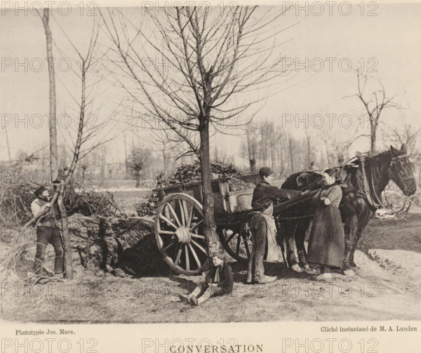 Conversation, People talking near a horse-and-cart, page, photomechanical print, inscription: 'Section d'Anvers - Exposition de 1889', photographer: Albéric Lunden, cliché maker: Joseph Maes, printer (person): Joseph Maes, Antwerp, c. 1883 - in or before 1888, Albéric Lunden, Joseph Maes, photographer, cliché maker, printer (person), paper, collotype, photoprint, height 115 mm x width 157 mm, Print on unnumbered page., conversation, dialogue, conversation piece, two-wheeled vehicle drawn by one animal, A sepia-toned outdoor scene showing a wooden cart with a large spoked wheel hitched to a dark horse, three adults and a child positioned around the cart, one person seated on the ground in front of the wheel, another standing beside the horse with arms crossed, a third person standing on the cart reaching toward the standing person, and a fourth person at the left holding a tree trunk; leafless trees fill the background and bare ground with patches of grass is visible underfoot.