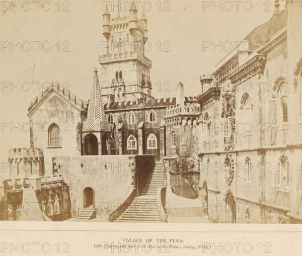 Palace of the Pena (Old church, and part of the Face of the Palace, looking north), View of the Palácio da Pena in Sintra, photograph, page, Sintra, c. 1865 - in or before 1870, photographer, paper, albumen print, height 142 mm x width 200 mm, Photo on second unnumbered page after page 24., palace, Palácio da Pena, A sepia photograph of a palace facade showing ornate stone architecture with battlements, arched windows, and decorative stonework; a tall square clock tower with turrets and crenellations rises above the buildings; a narrow conical turret with a patterned surface stands near an arched entrance; a wide stone stairway leads up between walls to the higher level of the complex; rounded and pointed window openings with shutters and tracery appear on several facades; carved ornamental details and cornices decorate the exterior walls; portions of domed and cylindrical rooftop elements are visible against a pale sky.