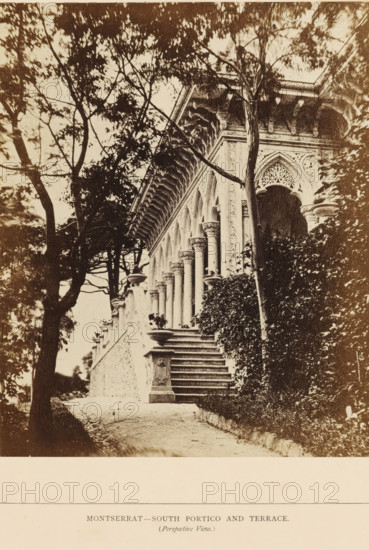 Montserrat - South Portico and Terrace (Perspective View), View of the south portico of the Palácio de Monserrate near Sintra, photograph, page, Sintra, c. 1865 - in or before 1870, photographer, paper, albumen print, albumendruk, height 176 mm x width 144 mm, colonnade, palace, terrace, gate, entrance, Palácio de Monserrate, A sepia-toned photograph shows a stone staircase leading up to an ornate portico with a row of columns supporting an intricately carved entablature and arched openings, flanked by dense foliage and tall trees whose branches extend across the upper part of the image, with decorative urns on pedestals beside the steps and climbing plants along the terrace wall.