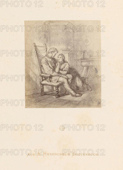 Photo reproduction of a sketch of a couple in love by Albert Hendschel, From A. Hendschel's Sketchbook, photograph, reproduction, This photo is part of a cover with 50 photos on 48 sheets, a list of images and a title page., monogram: 'AH', photographer: Theodor Huth, after drawing by Albert Hendschel, publisher: Ferdinand August Christian Prestel, Frankfurt am Main, c. 1865 - in or before c. 1870, Theodor Huth, Albert Hendschel, Ferdinand August Christian Prestel, photographer, after drawing by, publisher, Hesse, paper, albumen print, height 119 mm x width 103 mm, couple of lovers, A pencil sketch shows a seated man in a high-backed chair with turned legs holding a young woman who sits close beside him with her head resting on her hand, their faces near each other; the chair and the two figures occupy the foreground of a softly shaded interior with suggestion of a table and shelves behind them, and the drawing is centered on a light paper sheet with a small circular emblem below and f...