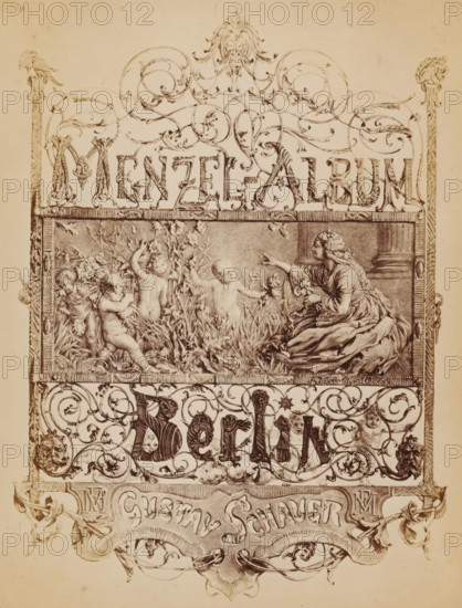 Photographic reproduction of a drawing as an introduction to a book of photographic reproductions of paintings by Adolph Menzel, Menzel Album Berlin, photograph, reproduction, page, photographer: Gustav Schauer, Berlin, after drawing by anonymous, c. 1863 - in or before 1868, paper, albumen print, height 259 mm x width 200 mm, Photo for title page., cupids: 'amores', 'amoretti', 'putti', The image shows an ornate vertical panel with intricate decorative flourishes and scrollwork in a sepia tone. At the top is a decorative crest with swirling leaflike motifs and symmetrical curves. Below that is a rectangular framed scene depicting a seated woman in flowing drapery reaching toward a group of nude cherubic children among tall grasses and flowers, the children shown in various playful poses. The frame around this scene features carved ornamental details and columns at the edges. Beneath the framed scene is a band of dense filigree with stylized faces, small figures, and scroll patterns wo...