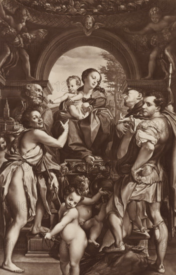 Correggio: Madonna of Saint George, Photo reproduction of the painting Madonna with Child and Saint George by Correggio, photograph, reproduction, page, publisher: Photographische Gesellschaft Berlin, Berlin, c. 1870 - in or before 1875, photographer, paper, albumen print, albumendruk, height 225 mm x width 147 mm, Photo on unnumbered page., the warrior martyr George (Georgius), possible attributes: banner (red cross on white field), (red) cross, dragon, (white) horse, broken lance, shield (with cross), sword, Mary sitting or enthroned, the Christ-child in front of her, sitting in her lap (or in front of her bosom) (donor(s), supplicant(s), whether or not with patron saint(s)), A group of people and children arranged around a central seated woman holding a baby, all set beneath a large arched architectural opening. The seated woman wears draped garments and looks slightly downward while cradling the infant who reaches outward. Around them stand several adults in varied classical attire...