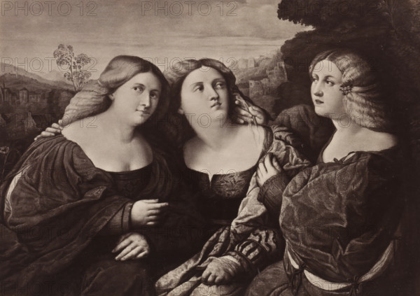 Photo reproduction of the painting The Three Sisters by Jacopo Palma il Vecchio, Palma Vecchio: Die drei Schwestern, photograph, reproduction, page, after painting by Jacopo Palma (il Vecchio), publisher: Photographische Gesellschaft Berlin, Berlin, c. 1870 - in or before 1875, photographer, paper, albumen print, height 173 mm x width 240 mm, Photo on unnumbered page., sisters (second degree family relationships), Three young women sit closely together in a classical-style portrait, each wearing draped garments with visible folds and textured fabrics. The woman on the left faces slightly toward the center with long wavy hair over her shoulder and a low neckline, one hand resting near her chest and another touching the shoulder of the central figure. The central woman looks upward and slightly to the right, her hair parted in the middle and falling around her face, while a hand from the right reaches toward her hair and a hand rests near her chest. The woman on the right gazes toward th...