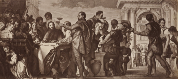 Photo reproduction of the painting The Wedding at Cana by Paolo Veronese, P. Veronese: Die Hochzeit zu Cana, photograph, reproduction, page, after painting by Paolo Veronese, publisher: Photographische Gesellschaft Berlin, Berlin, c. 1870 - in or before 1875, photographer, paper, albumen print, height 123 mm x width 276 mm, Photo on unnumbered page., the marriage-feast at Cana (John 2:1-11), A large banquet scene fills the image with many people gathered around a long table covered by a draped cloth. Figures wear historical garments with flowing cloaks, doublets, and ornate collars, and several men hold shallow cups or goblets raised toward the table. A central seated figure with long hair and a calm expression faces forward, surrounded by attendants and guests leaning in and conversing. A standing server in the foreground extends an arm holding a cup, while another attendant pours from a vessel behind him. Children appear near the floor at the front, one seated and cradling a small an...