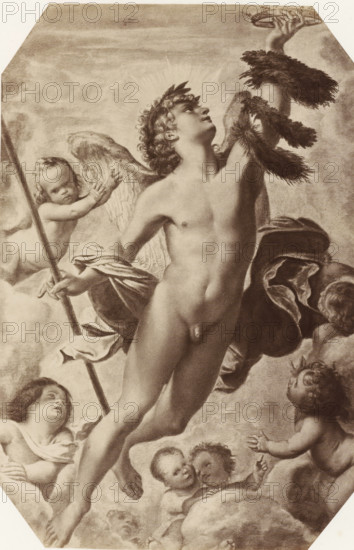 A. Carracci: Der Genius des Ruhmes, Photo reproduction of the painting The genius of fame by Annibale Carracci, photograph, reproduction, page, after painting by Annibale Carracci, publisher: Photographische Gesellschaft Berlin, Berlin, c. 1870 - in or before 1875, photographer, paper, albumen print, height 245 mm x width 161 mm, Photo on unnumbered page., Fame, 'Fama', 'Fama buona', 'Fama chiara' (Ripa), A grayscale depiction of a central winged young male figure shown nude and reaching upward with one arm toward a wreath while looking upward, a halo-like radiance behind his head, a draped cloth around one arm and a staff held in the other hand, surrounded by several cherubic children with wings and rounded faces positioned on clouds, one child supporting a wing behind the central figure, another child reaching toward the wreath, and a few children grouped together near the lower edge, with soft cloud-like forms filling the background.