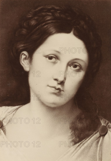 A. Varotari: Study Head, Photographic reproduction of a painting of a portrait study by Padovanino, photograph, reproduction, page, after painting by Padovanino, publisher: Photographische Gesellschaft Berlin, Berlin, c. 1870 - in or before 1875, photographer, paper, albumen print, height 242 mm x width 167 mm, Photo on unnumbered page., historical persons not known by name - BB - woman, A sepia-toned close-up portrait of a young woman with softly shaded skin and dark wavy hair pulled back and braided, showing a calm, neutral expression with slightly downcast eyes, gently arched eyebrows, a straight nose, and full lips. Her ear is visible on one side and a lock of hair falls over one shoulder. She wears a draped garment with visible folds and a rounded clasp at the shoulder. The background is plain and darker, creating contrast with her face and clothing.