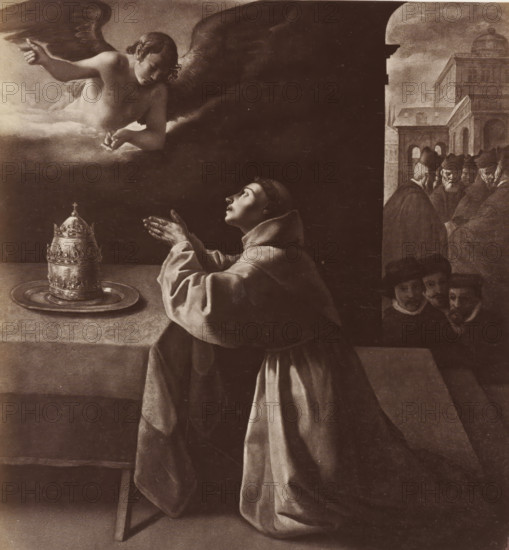 Fr. Zurbaran: St. Cölestin, Photo reproduction of the painting The Prayer of Saint Bonaventure by Zurbarán, photograph, reproduction, page, after painting by Francisco de Zurbarán, publisher: Photographische Gesellschaft Berlin, Berlin, c. 1870 - in or before 1875, photographer, paper, albumen print, height 198 mm x width 185 mm, Photo on unnumbered page., one person praying, Bonaventura, cardinal bishop of Albano and Minister General of the Franciscan Order, possible attributes: book, cardinal's hat (sometimes hanging from a tree), crucifix (sometimes flowering), A monochrome scene showing a robed figure kneeling with hands clasped and head tilted upward toward an angelic figure above, the angel appearing with wings and an outstretched arm emerging from a cloud; a decorative ornate object sits on a tray on a raised surface beside the kneeling figure; a group of people wearing dark garments is visible in a separate architectural panel at the right, with arches and a building in the bac...