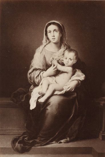 Photo reproduction of the painting Mary with Child by Murillo, Murillo: Madonna, photograph, reproduction, page, publisher: Photographische Gesellschaft Berlin, Berlin, c. 1870 - in or before 1875, photographer, paper, albumen print, height 242 mm x width 165 mm, Photo on unnumbered page., Mary sitting or enthroned, the Christ-child in front of her in her lap (or in front of her bosom), A seated woman wearing a draped head covering and flowing garments holds a nude infant on her lap, the woman looking slightly upward with a calm expression and the infant looking toward the viewer with one arm raised and legs resting across the woman's knees, folded cloths and drapery surround them and a simple architectural ledge is visible beneath their seat.