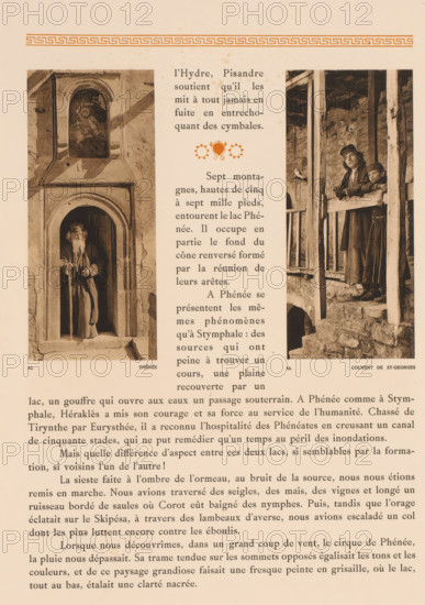 Old man in a portal in Pheneus, Phénée, page, photomechanical print, number: '62.', photographer: Frédéric Boissonnas, Pheneus, cliché maker: Meisenbach, Riffarth & Cie., Berlin, c. 1905 - in or before 1910, Pelopónnesos, paper, collotype, photoprint, height 168 mm x width 75 mm, Photo on page 63., old man, A sepia-toned page with decorative border near the top contains two vertical photographic images flanking a central column of printed text; the left photograph shows an arched stone doorway set into a wall with a bearded man standing inside the shadowed recess holding a staff and wearing a long robe and head covering, and above the arch a small painted religious image is set into a niche; the right photograph depicts two figures standing on a wooden balcony or porch attached to a stone structure, the older figure leaning on the railing wearing a coat and hat and the younger figure beside them also leaning and wearing a cap, with rough stone walls and timber posts visible; the lower ...