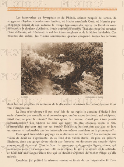 Woman near a chestnut tree in Greece, Solos, chataigniers en fleurs, page, photomechanical print, number: '64.', photographer: Frédéric Boissonnas, Greece, cliché maker: Meisenbach, Riffarth & Cie., Berlin, c. 1905 - in or before 1910, paper, collotype, photoprint, height 110 mm x width 169 mm, Photo on page 65., adult woman, fruits: chestnut, A sepia-toned page showing a bordered title area at the top, a rectangular photographic image in the upper middle depicting a woman standing on a dirt path beside dense foliage and a large gnarled tree with broad leaves leaning over the path, a stone wall and vegetation visible around the tree, and columns of printed text above and below the photograph.