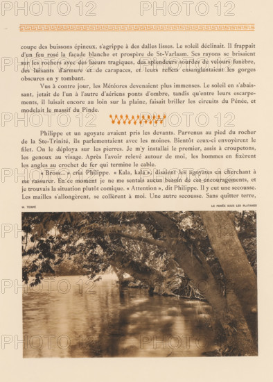 View of the Pinios in the Tempedal, Tempé, le Penée sous les platanes, page, photomechanical print, number: '96.', photographer: Frédéric Boissonnas, Tempedal, cliché maker: Meisenbach, Riffarth & Cie., Berlin, c. 1905 - in or before 1910, Thessaly, paper, collotype, photoprint, height 140 mm x width 225 mm, Photo on page 107., river, Pinios, A vertically oriented page shows a beige background with a block of printed paragraphs occupying the upper portion and a sepia-toned photograph filling the lower portion; the photograph depicts a calm river bordered by overhanging tree branches and foliage, with a large tree trunk leaning into the frame on the right and reflections of leaves and branches visible on the water surface.