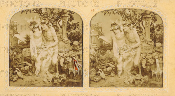 Mythological figures, presumably made of wax, for a backdrop, tissue stereograph, Europe, c. 1850 - c. 1880, photographer, paper, pasteboard, transparent paper, albumen print, hand coloring, pasted onto hand-colored transparent paper, between die-cut and embossed cardboard, height 85 mm x width 170 mm, cupids: 'amores', 'amoretti', 'putti', satyr(s) (in general), A sepia-toned stereoscopic image shows two arched panels side by side, each depicting a sculptural scene of a seated male figure wearing a garland and a seated female figure leaning toward him, both draped with cloth and surrounded by foliage and garden elements. A small childlike figure stands at their feet reaching upward toward the draped cloth, while another childlike figure sits nearby holding something close to its face. The background contains leafy branches, a decorative stone pillar with carved details, and a wooden structure partially visible behind the figures. Various objects and textured elements lie around the ba...
