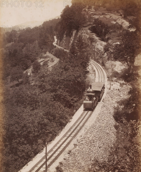 View of a cog train between Rigi Kulm and Vitznau, Switzerland, Rigibahn, photograph, inscription: '150. =', number: '157', number: '139', number: '12869', photographer: Giorgio Sommer, 1871 - 1914, pasteboard, paper, albumen print, albumendruk, height 345 mm x width 266 mm, rack railway, Rigi Kulm, Vitznau, A sepia-toned landscape showing a narrow-gauge railway curving through a wooded hillside, with tracks running along a rocky embankment. A small steam locomotive with an attached open-sided car is visible on the tracks near the lower right, with a figure standing on the locomotive platform. Dense trees and foliage cover the left and foreground slopes, while rocky outcrops and scattered trees appear on the right hillside above the tracks. The railway winds into the distance, disappearing around a bend between the trees and cliffs, and a few utility poles line the track. The sky appears pale and slightly mottled.