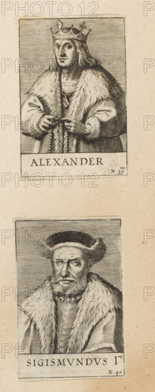 Portrait of Stefanus Báthory, print, album page, book illustration, Numbered: 43. Print is part of an album., after design by Johann Hogenberg (possibly), publisher: Gottfried von Kempen, Cologne, 1574 - 1594, printmaker, North Rhine-Westphalia, paper, woodcut, height 117 mm x width 83 mm, Print used in: Mylius, Arnold. Principum et Regum Polonorum Imagines ad Vivum Expressae, 1594., Person, Stefanus Báthory, historical persons, ruler, sovereign, A vertical sheet shows two engraved rectangular portraits stacked with space between them, each portrait bordered and printed in black on aged tan paper. The upper portrait depicts a crowned man with shoulder-length hair wearing a thick fur-lined robe and clasping a braided cord at chest level; a pendant hangs at his throat and horizontal engraved lines fill the background. The lower portrait shows an older man with a short beard and mustache wearing a rounded hat with fur trim, a buttoned garment under a heavy fur-lined cloak, and a lined bac...