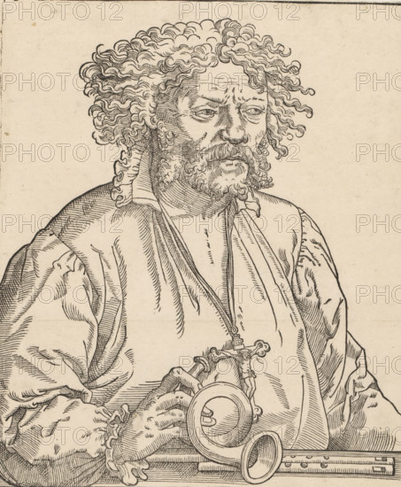 Portrait of an unknown man with a cross on a chain and a horn, print, album page, Print is part of an album., after design by Tobias Stimmer (possibly), 1549 - 1584, printmaker, paper, woodcut, height 243 mm x width 200 mm, historical persons, horn, trumpet, cornet, trombone, tuba, A detailed ink drawing of a bearded man shown from the torso up, with curly hair framing his head and a furrowed brow, wearing loose draped clothing and a collar, a pendant hanging from his neck, one hand holding a coiled horn-like object and resting near a chain or clasp, the garments and hands rendered with fine parallel hatching and contour lines against a plain background.