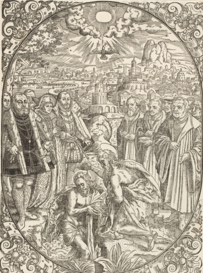 Baptism of Christ, print, album page, book illustration, Print is part of an album., printmaker: Jost Amman, after design by Tobias Stimmer (possibly), 1549 - 1591, paper, woodcut, height 234 mm x width 174 mm, baptism of Christ in the river Jordan: John the Baptist pouring out water on Christ's head: the Holy Ghost descends, A detailed black and white engraving framed by ornate floral and scroll borders shows a group of clothed figures standing on either side of a central scene where two nearly naked men kneel and tend to a seated bearded man, their bodies rendered with muscular detail and flowing drapery. Behind them a row of robed and fur-clad figures observe, some holding books or gesturing, with varied facial hair and distinct period clothing including cloaks, collars, and hats. The middle and background reveal a sprawling cityscape of towers, domes, bridges, and clustered buildings stretching to the horizon under a sky filled with radiating light, stylized clouds, and a bird desc...