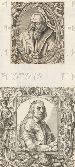 Portrait of Anton de Franckenpoint, print, album page, book illustration, Text in German in the margins. Print is part of an album., annotation, printmaker, printer (person), grantor of privilege, Strasbourg (France), Attributed to, Tobias Stimmer, paper, woodcut, letterpress printing, woodcut and text in letterpress, height 291 mm x width 162 mm, The text describes that the length of 'long Anton' was sixteen times the line below the text (142 mm)., Person, Anton de Franckenpoint, historical persons, A vertical engraving showing two framed male portraits stacked with ample blank space between them, each portrait set within ornate decorative borders; the upper portrait depicts an older bearded man with curly hair and a long beard, wearing a cloak and leaning forward with clasped hands, surrounded by an oval frame embellished with scrolls, cherubic figures, and floral motifs; the lower portrait shows a man with shoulder-length hair and a beard wearing stylized armor, facing three quarter...