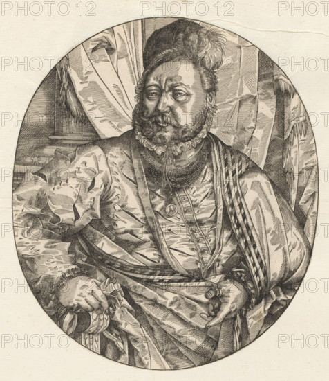 Portrait of Otto Heinrich von Schwarzenberg, print, album page, book illustration, Print is part of an album., printmaker, after design by, paper, woodcut, height 218 mm x width 188 mm, Person, Otto Heinrich von Schwarzenberg, historical persons, politician, eg party leader, A detailed black and white engraved portrait of a bearded man shown from the waist up within an oval frame, wearing a hat with a feather, a ruffled collar, layered necklaces, and richly textured draped clothing; his facial features include a furrowed brow, mustache, and full beard, and his hands rest in his lap holding a small rounded object and the folds of fabric; behind him are heavy curtains and a column visible at the edge of the oval, and the engraving shows fine crosshatching and intricate line work throughout.