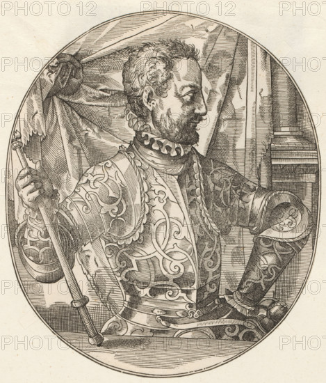 Portrait of Henry II, King of France, print, album page, book illustration, Print is part of an album., printmaker, after design by, paper, woodcut, height 214 mm x width 185 mm, Person, Henry II (King of France), historical persons, king, military clothing and other equipment (uniforms, cap, armor, helmet, etc.), A finely detailed oval engraving of a bearded man in ornate armor shown in profile, facing right, with closely cropped curly hair and a ruffled collar; his armor and sleeves display elaborate scrollwork and decorative patterns, and he holds a staff or scepter in his left hand while a draped curtain fills the background on the left and architectural elements appear on the right, all rendered with dense, parallel and crosshatched lines on a pale paper.