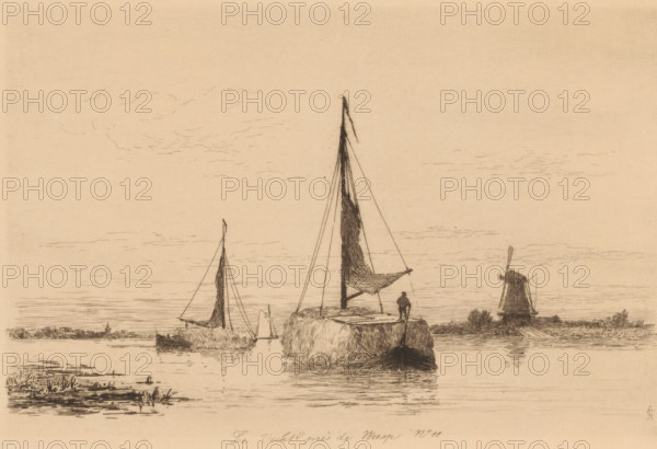 The Vecht near Weesp (original title on object), Hollande (original series title), print, Boats with hay on the Vecht near Weesp. A windmill on the right bank., printmaker: Carel Nicolaas Storm van 's-Gravesande, 1851 - 1878, Carel Nicolaas Storm van 's-Gravesande, paper, etching, drypoint, intaglio printmaking technique, height 157 mm x width 230 mm, sailing-ship, sailing-boat, windmill in landscape, river, Weesp, Vecht, A calm waterscape rendered in fine lines showing several sailboats with tall masts and furled sails floating near a low grassy shoreline, a figure standing on the deck of a larger boat, a distant windmill with angled sails on the right bank, low clouds sketched across a wide pale sky, and reflections of boats and shoreline visible on the water surface.