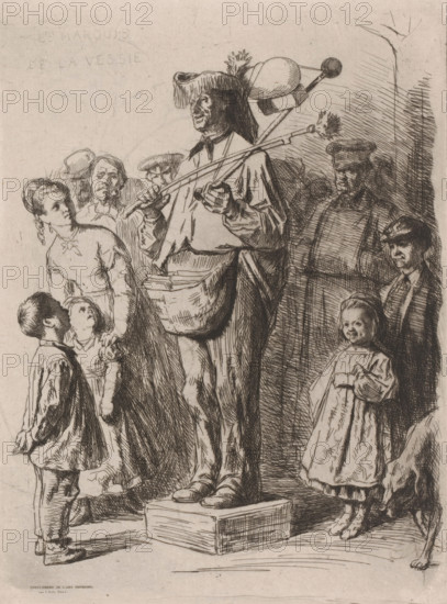 Singer with a stringed instrument surrounded by listeners, Le marquis de la vessie, print, printmaker: Léopold Flameng, printer (person): F. Nys, Brussels, 1841 - 1879, printer (person), paper, etching, intaglio printmaking technique, height 297 mm x width 222 mm, dog, listening to music - CC - out of doors, string instruments (bowed), A tall figure stands on a small platform wearing a wide-brimmed hat with decorative plumes and a long cloak, holding two long sticks with bulbous ends and a basket at the waist; a group of adults and children stand around the figure looking toward it, with some faces turned upward and varied expressions; a girl in a dress stands near the foreground with hair tied back and a bow at her neck, a small child stands beside her looking up, and a boy in a coat faces the central figure; on the right a woman and a man in a cap are partially visible among shaded crosshatched background lines, and another child in a dress stands nearer the right edge holding fabric...