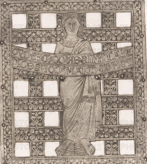 Part of the crown of Charlemagne, Facsimile of the plates of the crown of Charlemagne, print, Germany, 1850 - 1880, printmaker, paper, etching, intaglio printmaking technique, height 243 mm x width 210 mm, Part of a series of sixteen prints after the plates of the crown of Charlemagne. The copper plate is perforated to imitate the original., crown (symbol of sovereignty), North Rhine-Westphalia, Aachen, Cathedral (Aachen), A grayscale rectangular artwork shows a frontal figure framed by patterned panels and decorative borders; the figure has shoulder-length hair, a neutral facial expression, and is depicted wearing draped robes with visible folds and a patterned neckline, hands resting on a curved banner that crosses the chest, and feet visible at the lower edge standing on a textured base; surrounding the figure are alternating square panels of plain light rectangles and dark ornate floral motifs arranged in a grid, with an outer border of repeating floral and leaf designs and small c...