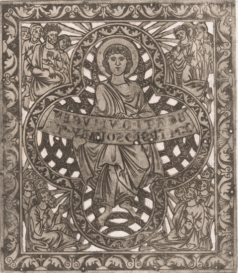 Part of the crown of Charlemagne, Facsimile of the plates of the crown of Charlemagne, print, Germany, 1850 - 1880, printmaker, paper, etching, intaglio printmaking technique, height 247 mm x width 214 mm, Part of a series of sixteen prints after the plates of the crown of Charlemagne. The copper plate is perforated to imitate the original., crown (symbol of sovereignty), North Rhine-Westphalia, Aachen, Cathedral (Aachen), A grayscale ornate illustration framed by a decorative border filled with scrolling foliage and small circular dots surrounds a central figure with a halo and stylized curly hair, wearing draped robes and holding a broad banner across the chest; radiating patterned circles and interlaced geometric designs form loops behind the figure. Flanking the central figure are groups of robed figures with varied hand gestures and contemplative expressions, some seated and some standing, arranged symmetrically in the corners and along the sides. Intricate patterned fills, small ...