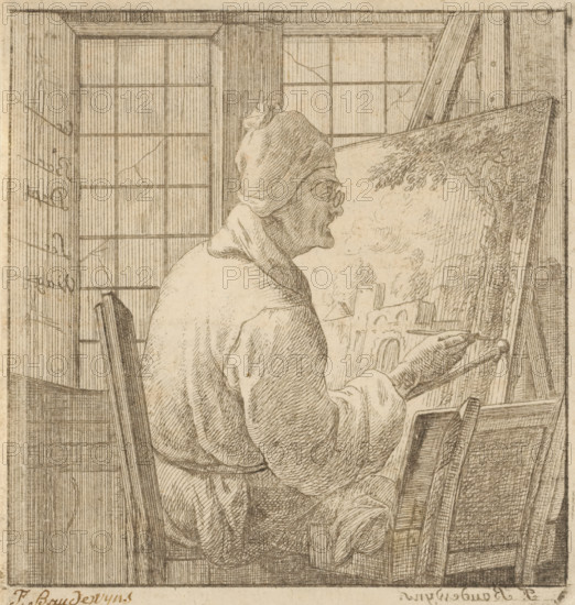 Portrait of the artist Frans Adriaensz. Boudewyns, print, Boudewyns sits at his easel and works on a landscape. He wears a hat and a dressing gown, signature: 'F. Baudewyns', printmaker: attributed to François Boudewyns, Brussels, c. 1710 - c. 1767, Attributed to, paper, etching, height 123 mm x width 115 mm, workshop, studio, painter, A sepia-toned line drawing showing a seated person in profile facing an easel, wearing a loose garment and a head covering, with visible facial features and an outstretched hand holding brushes toward a canvas that shows rough tree-like shapes; the person sits on a wooden chair with vertical slats, and behind them is a window with grid-like panes and visible cracks, flanked by wooden wall panels and structural beams.