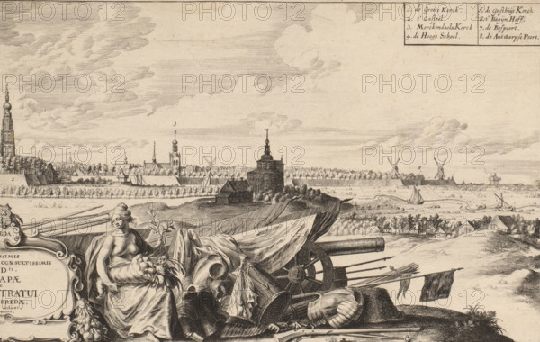 View of Breda from the northwest (right sheet), print, The personification of abundance sits next to a cartouche. On her lap lies a horn of plenty. In her left hand she holds a laurel branch and an oak branch(?). Beside and behind her lie weapons and parts of armor. In the distance a view of the city of Breda with the tower of the Grote Kerk on the left., printmaker: Abraham Dircksz. Santvoort, Netherlands, 1645, paper, etching, height 208 mm, width 332 mm, city-view, and landscape with man-made constructions, weapons, Abundance, 'Abondanza', 'Abondanza maritima' (Ripa), military clothing and other equipment (uniforms, cap, armor, helmet, etc.), Breda, Grote Kerk (Breda), A wide engraved landscape showing a distant fortified town with walls, towers, and spires rising above rows of trees, flanked by windmills near the horizon and small sailing boats on a river in front of the town; in the foreground a reclining partially draped female figure holds fruit and foliage beside a pile of mili...