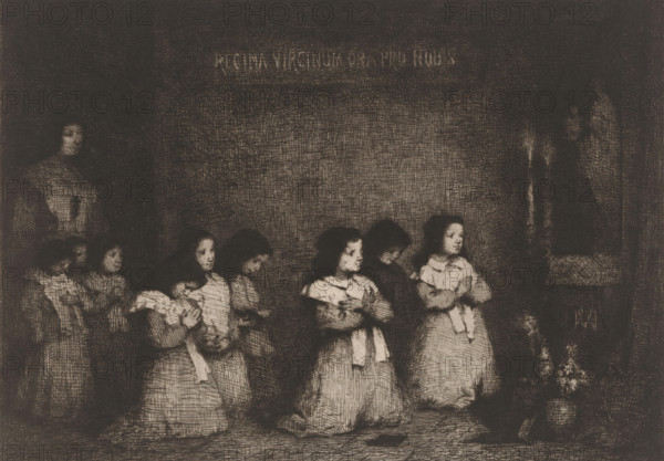The Prayer, Group of girls in prayer before a statue of the Virgin Mary, Eaux-Fortes Modernes: Originales et Inédites, print, Series number, 5, 60, printmaker: Théodule Augustin Ribot, printer (person): Delâtre, Paris, publisher: Cadart & F. Chevalier, A., 1862, printer (person), paper, etching, intaglio printmaking technique, height 235 mm x width 316 mm, Part of the first volume of a series of prints by the Société des Aquafortistes from 1862. Plate 5., (public) prayer, nun(s), A dimly lit scene rendered in dark crosshatched tones shows a row of girls kneeling with hands clasped or held to their chests, wearing light-colored dresses with sashes; some faces are turned to the side while others look forward, and a few girls hold cloths or small objects. On the left a woman stands partially in shadow watching the group, and on the right a shadowy figure stands near a ledge with a small arrangement of flowers below. The background is textured with dense line work and darker areas around t...