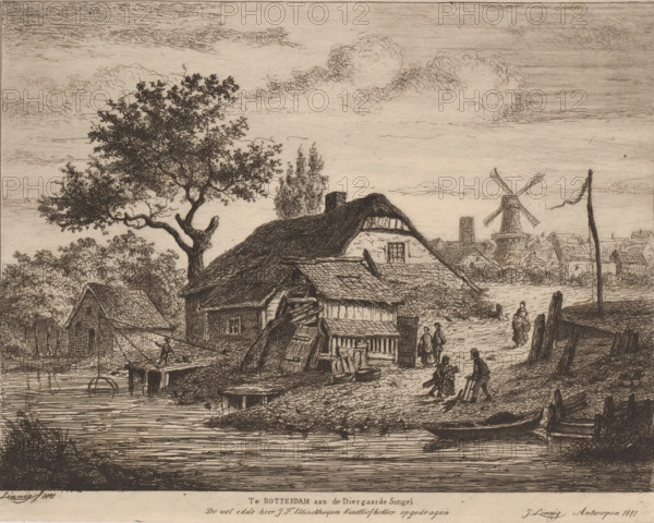 View of buildings on the Diergaardesingel in Rotterdam, in Rotterdam on the Diergaarde Singel, print, printmaker: Jean Théodore Joseph Linnig, 1881, paper, chine collé, etching, roulette, intaglio printmaking technique, etching and roulette with plate tone, height 185 mm x width 235 mm, windmill, canals, waters (in city), Rotterdam, A detailed ink landscape shows a riverside scene with thatched and tiled roof cottages clustered near the water, a large leaning tree with dense foliage rising behind the buildings, and a windmill visible in the distance beyond a low town skyline. Several small boats are moored along the water’s edge and a wooden jetty extends into the river. Figures in period clothing walk and stand on the shoreline and paths near the houses, including a pair conversing and a person pushing a wheelbarrow. Vegetation and shrubs frame the foreground and middle ground, and the sky is filled with textured, wispy clouds.