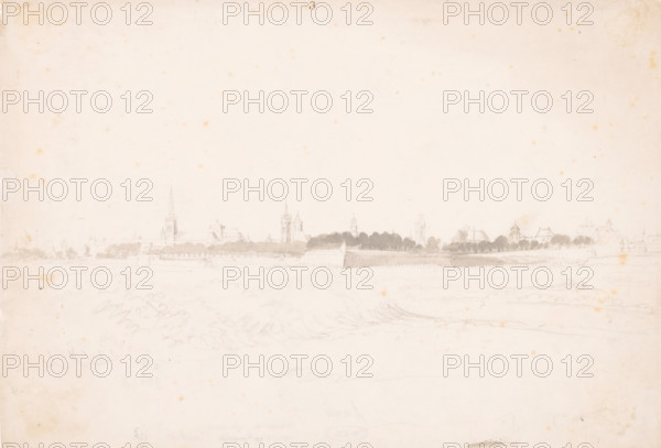 View of Kamerijk, drawing, inscription: '3', 1700 - 1800, draftsman (artist), paint (coating), paper, pencil, watercolor (paint), brush, height 215 mm x width 304 mm, prospect of city, town panorama, silhouette of city, Cambrai, A wide, pale paper sheet with a faint horizontal sketch of a distant town skyline near the top edge, showing light graphite outlines of church spires, towers, rooftops, and a low wall, with a band of shaded treetops behind the wall; the lower area contains very light, loose pencil marks suggesting foreground terrain and curving lines, and the paper surface shows scattered small brownish spots and slight discoloration around the edges.